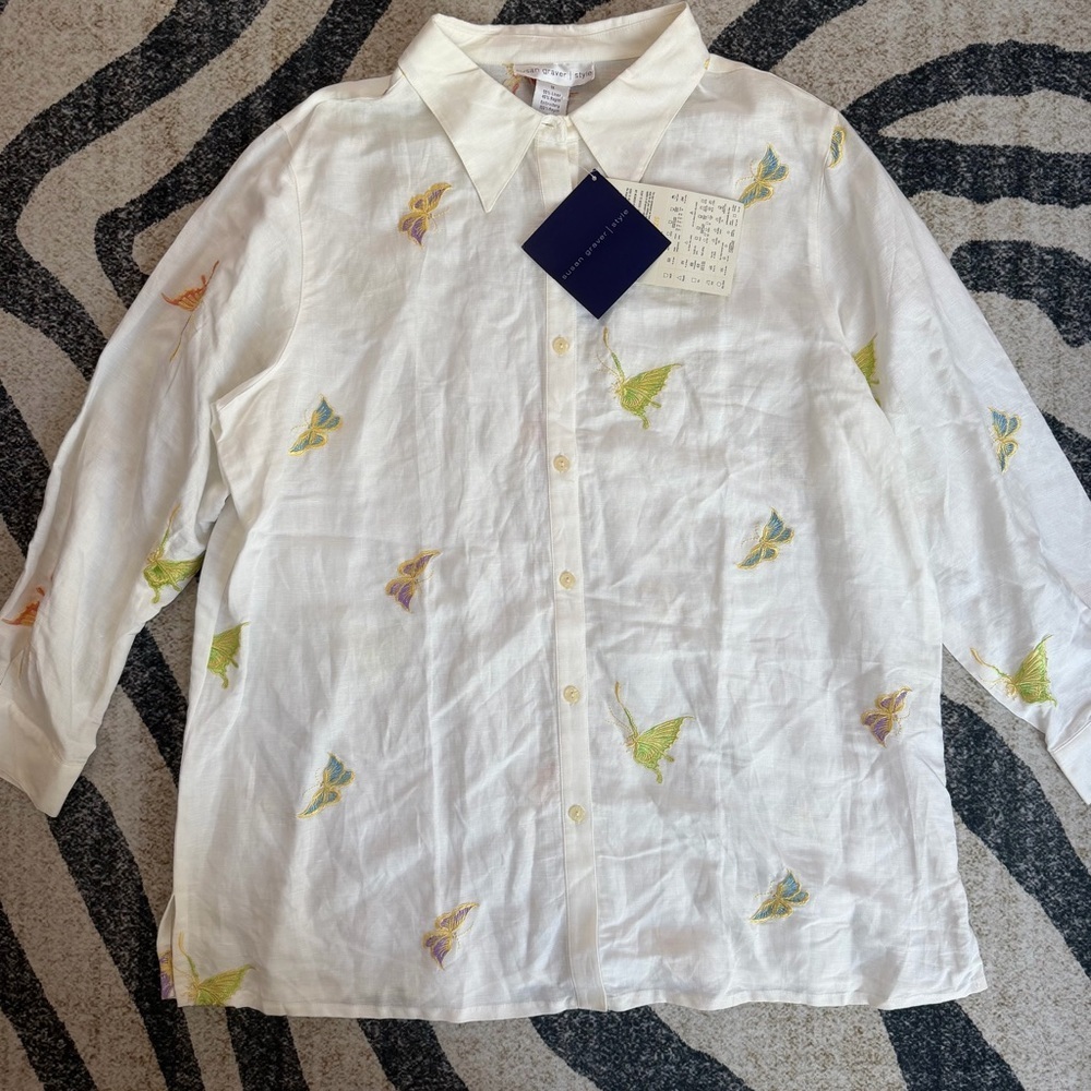 VTG Susan Graver Top Women 1X Linen Butterfly Embroidered Long Sleeve Button